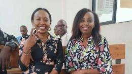 Pauline Njoroge and her friend Jane Mwangi Nduta before the Malindi Law Courts.